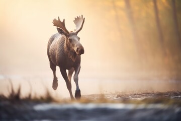 moose moving through thick fog on an early morning