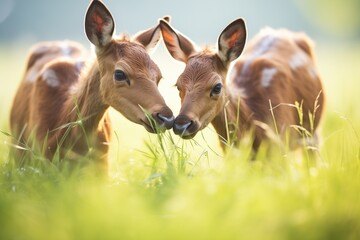 twin moose calves grazing in a sunny meadow