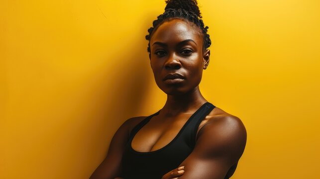 Determined Black Fitness Trainer Against a Bright Yellow Background