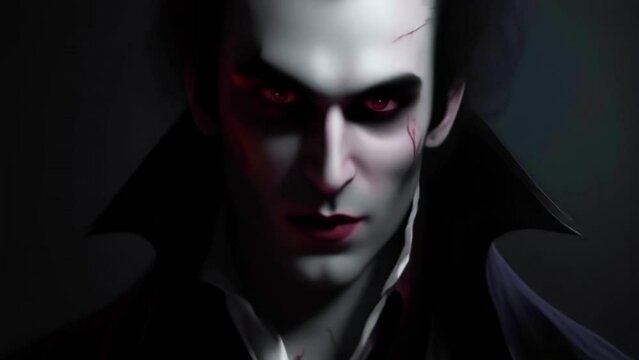portrait of vampire with red eyes, covered in blood, realistic