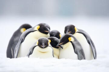 emperor penguins huddled in snowstorm - obrazy, fototapety, plakaty