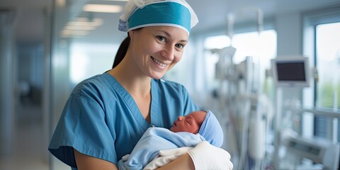 Pediatrician nurse taking care of newborn baby at hospital ward.
