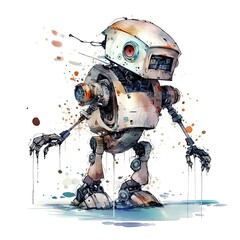 Cute Watercolor Robot. Funny cyborg. Steampunk Robot. AI generated.
