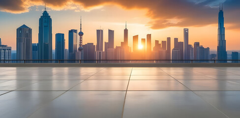 Obraz premium empty concrete floors blur city skyline at sunset panoramic view.