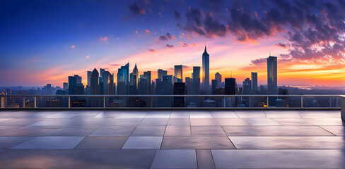 empty concrete floors blur city skyline at sunset panoramic view.