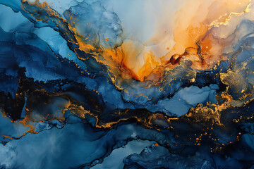 Alcohol Ink of Transluscent Hues of Metallic Swirls of Dark Blue and Gold