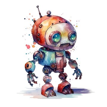 Cute Watercolor Robot. Funny cyborg. Steampunk Robot. AI generated.