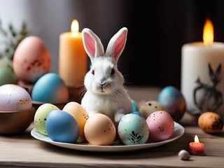 Fototapeta na wymiar White rabbit on the Easter table among candles and painted eggs. Holiday traditions concept.