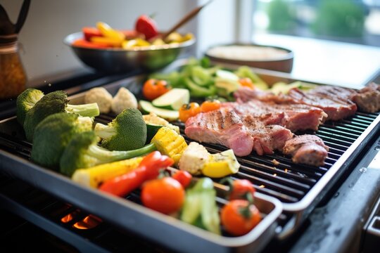 grill section of a stovetop with grilling meats and veggies