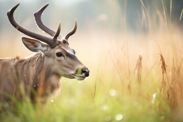 dew-covered grass with roan antelope in background - obrazy, fototapety, plakaty
