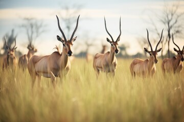 roan antelope herd grazing in savanna - obrazy, fototapety, plakaty