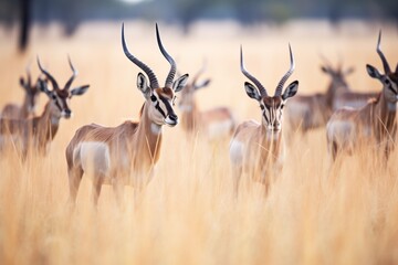 roan antelope herd grazing in savanna - obrazy, fototapety, plakaty