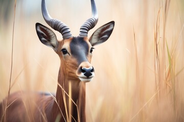 close-up of a sable antelope standing in savannah grass