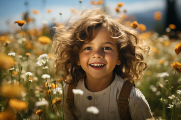 Bella bambina corre felice in un prato pieno di fiori in primavera - obrazy, fototapety, plakaty