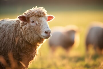 Fototapeta premium sheep with thick fleece in sunlit pasture