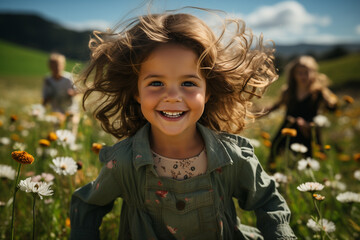 Bella bambina corre felice in un prato pieno di fiori in primavera - obrazy, fototapety, plakaty