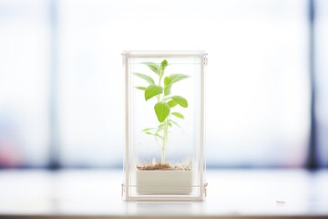 close-up of a genetically modified seedling in a clear box