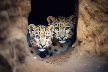 Obraz premium snow leopards piercing gaze from a cave entrance