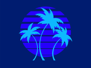 Fototapeta na wymiar Palm trees against the background of the sun in retro style. Tropical palm trees at sunset in 80s style. Design of advertising brochures, banners, posters, travel agencies. Vector illustration