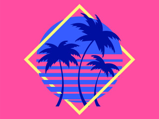 Fototapeta premium Silhouettes of palm trees at sunset in the style of the 80s in a square frame. Retro futuristic sun with palm trees in Synthwave and Retrowave style. Design of banner and poster. Vector illustration