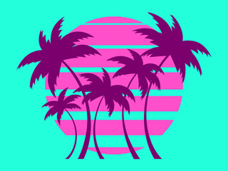 Palm trees against the background of the sun in retro style. Tropical palm trees at sunset in 80s style. Design of advertising brochures, banners, posters, travel agencies. Vector illustration