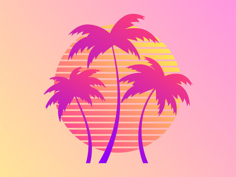 Three palm trees at sunset in a futuristic retro style. Summer time. Silhouettes of palm trees against the background of a gradient sunset. Design for banner, poster and print. Vector illustration