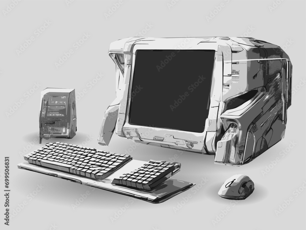 Poster futuristic computer machine set, monochrome, generative ai based vector art