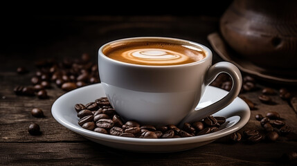 Fototapeta premium Freshly brewed coffee in a stylish ceramic cup with beans on a rustic wooden table. Coffeehouse atmosphere, caffeine boost, copy space.