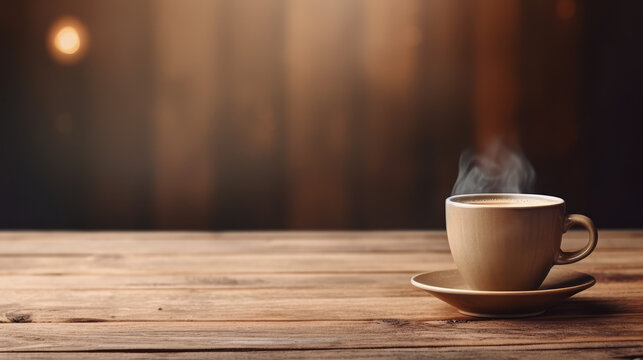 Freshly brewed coffee in a stylish ceramic cup on a rustic wooden table. Coffeehouse atmosphere, caffeine boost, copy space for text.