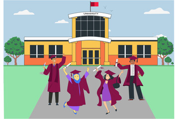 Naklejka premium Group of students celebrating after achievement of graduation diploma at university. Vector illustration.