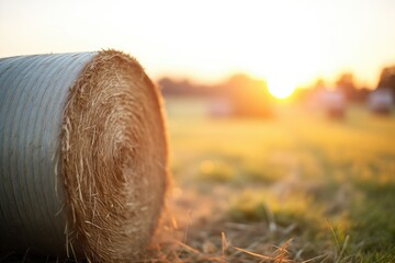 sunrise casting warm light on a hay bale
