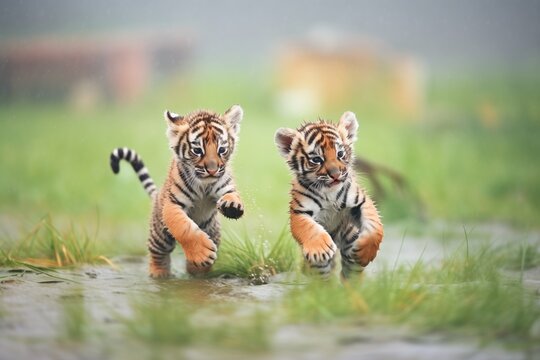 two tiger cubs chasing each other