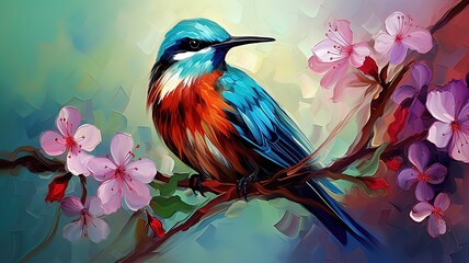 oil painting style illustration, beautiful blue song bird perched on flower blossom branch ,cute and adorable wildlife, idea for wall art decor and background wallpaper, Generative Ai