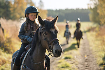 Fototapeta premium Children ride horses, outdoors, equestrian sport for children