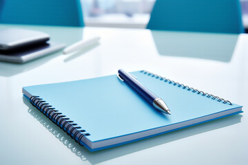 close up shot of blue pen and book flat lay still life