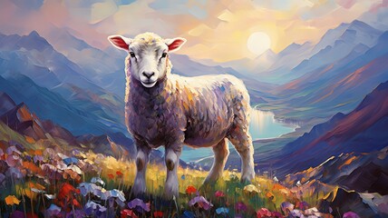 oil painting style illustration, sheep on mountain hill flower field ,cute and adorable wildlife, idea for wall art decor and background wallpaper, Generative Ai