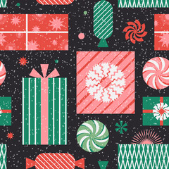 Christmas seamless pattern for holiday wrapping paper or modern New Year textile on a black background with snow. 