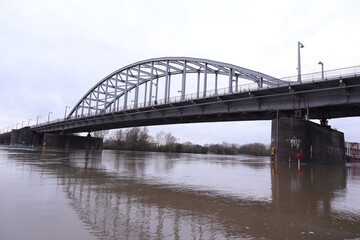 Flooding of the river Rhine, Arnhem, the Netherlands. The John Frost bridge.