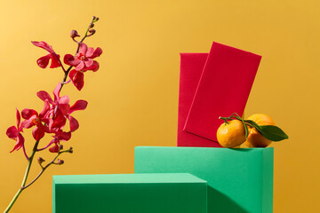 Red envelopes, vibrant orchids and tangerines, the green podium showcases products against a festive yellow backdrop, providing an ideal setting for advertising and display.