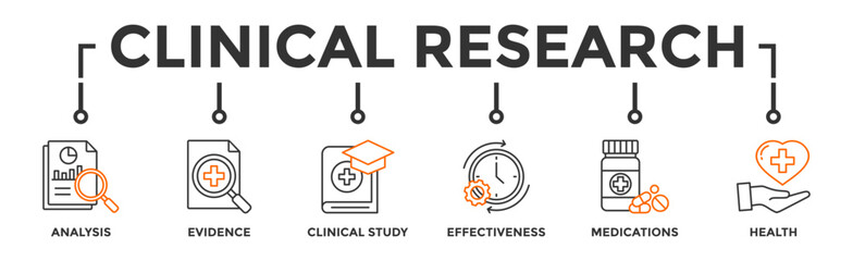 Clinical research banner web icon vector illustration concept with icon of analysis, evidence, clinical study, effectiveness, medications and health - obrazy, fototapety, plakaty