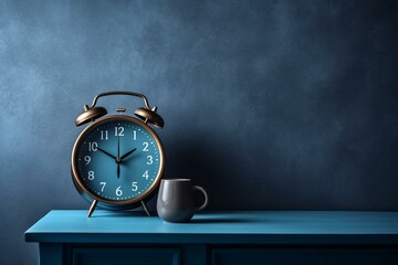 A clock on a table near a wall and background, all in blue. Generative AI - obrazy, fototapety, plakaty