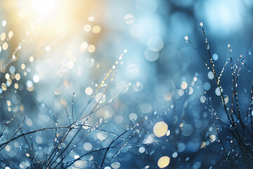 Winter Bokeh Background with Blurred Defocus Blue Tones, Sunlight Flares, and Ample Copy Space Created with Generative AI Tools
