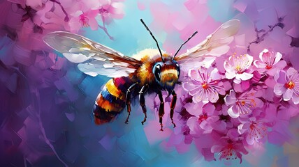 oil painting style illustration, bee flying and collect nectar from spring flowers ,cute and adorable wildlife, idea for wall art decor and background wallpaper, Generative Ai - obrazy, fototapety, plakaty