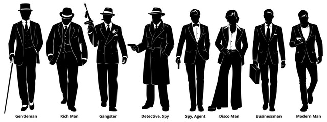 Classic Man Characters Silhouettes Set. Detective, spy, gangster, secret agent, businessman, gentleman. Vector cliparts isolated on white. - obrazy, fototapety, plakaty