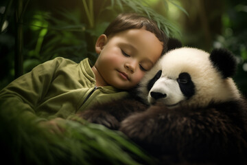 Obraz premium Little cute sleeping baby cuddles with a baby panda