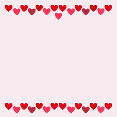 Light pink square background with stripes of hearts on the bottom and top for Valentine's Day, wedding for social media posts. Romantic vector background with place for text