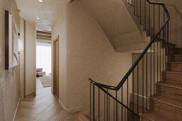 A duplex residential features a staircase made of hardwood and stainless steel railing.