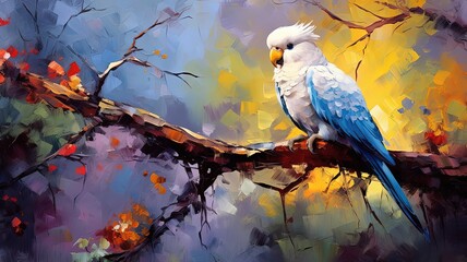 oil painting style illustration, cockatoo bird on flower blossom branch ,cute and adorable wildlife, idea for wall art decor and background wallpaper, Generative Ai - obrazy, fototapety, plakaty