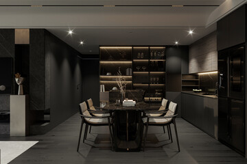 Black interior design in the dining room with cozy chairs set up.