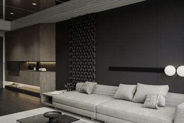 Gray modular sofa next to shoe cabinet with black wall background interior in a modern living area. - obrazy, fototapety, plakaty